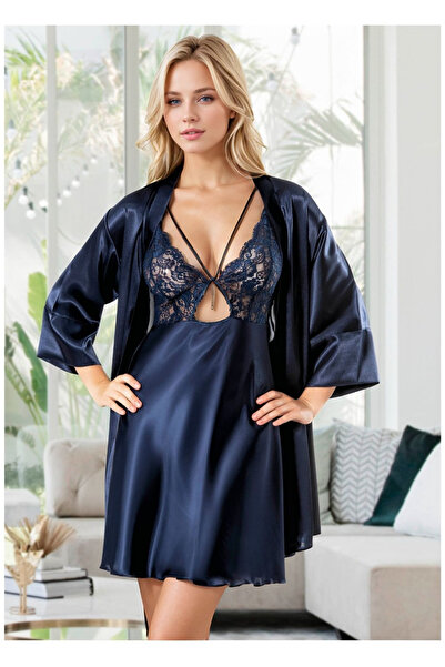 QKK Lace Navy Blue Satin Nightgown and Robe Set - Set of 2 with Cross Stripes