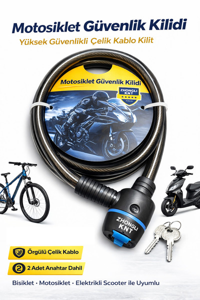 güvenlisepet Zhongli Motosiklet Bisiklet E-Scooter Uyumlu Kablo Kilit Metal G...