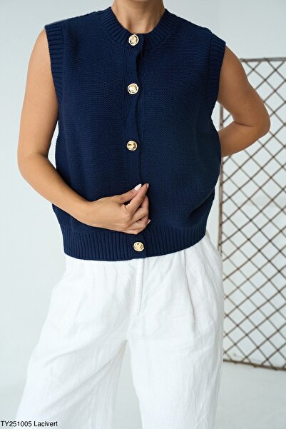 Hazinedan Women's Yellow Round Neck Gold Buttoned Sleeveless Basic Knitwear Vest