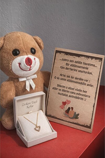 PAMEPAW Sevgiliye Arkadaşa Hediye 20 cm Peluş Ayıcık, Zirkon Taşlı Kolye , Aş...