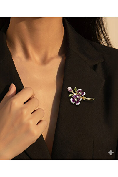 AGAPI Altın Renk Mineli Mor Çiçek Figürlü Taş Detaylı Kadın Broş – Ceket, Şal...