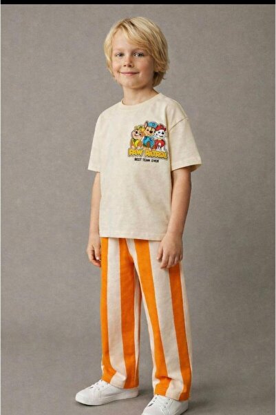 LUCCO Paw Patrol Yazı Baskılı Çizgili Pantolonuyla İkili Takım