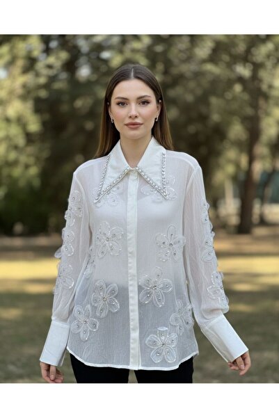 Rabiossa Women's Luxury Chiffon Shirt with Crystal Stones and 3D Flower Appli...