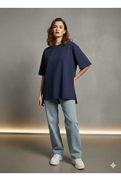 kikiriktekstil Γυναικείο μπλουζάκι Oversize Basic με λαιμόκοψη και πλαϊνά σκι...