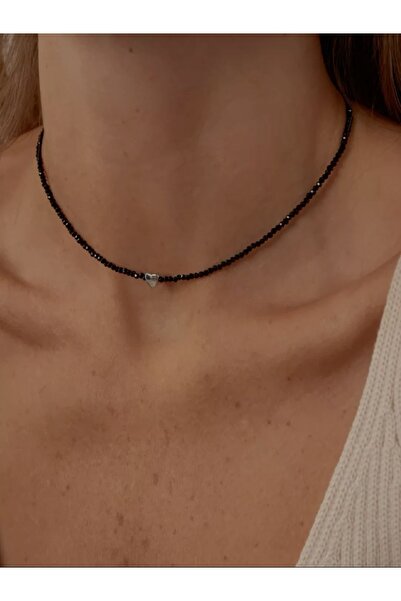 Atelier Çağla Thin Black Crystal Silver Heart Necklace