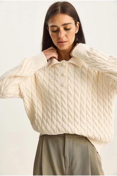 EAS GİYİM Women's Knitted Polo Collar Buttoned Knitwear