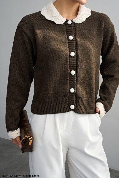 Hazinedan Women's Knitted Peter Pan collar Sleeve Detailed Knitwear Cardigan