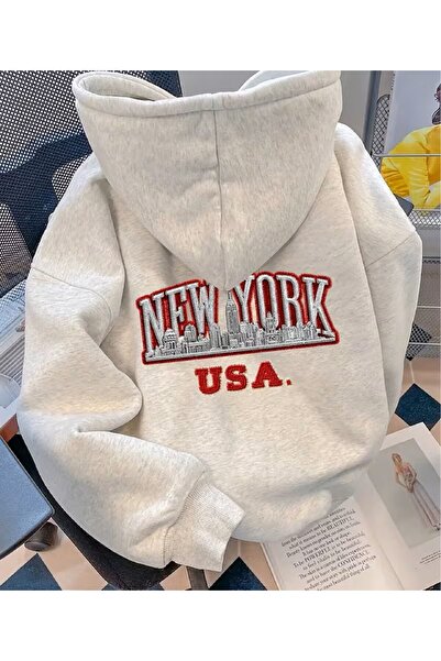 Marco Fresco Unisex Red Writing New York Usa Gray Hooded Sweatshirt