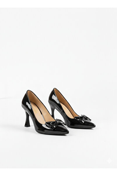 Tamdabu Ayakkabı Black Patent Leather Thin Heeled Stiletto Shoes with Bow Detail