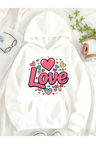 Flow touch LOVE مطبوع سويت شيرت رمادي للنساء/الرجال للجنسين قصة فضفاضة بغطاء ...