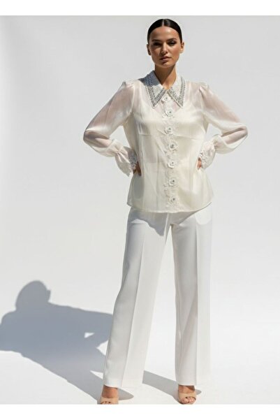 Rabiossa Women's Black Satin Shirt with Stones and Lace