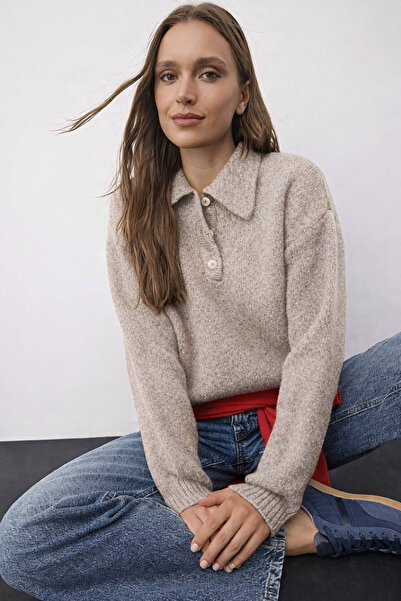 Noi Belis Basic Oversized Polo Collar Half Placket Buttoned Knitwear Sweater ...