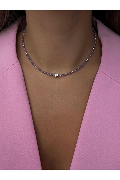 Atelier Çağla Thin Purple Crystal Gold Heart Necklace