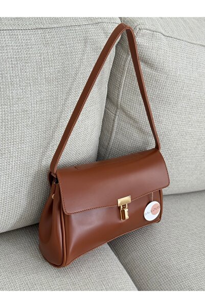 BAGLOVİS Stylish Tan Women's Shoulder Bag with Front Lock Detail, Single Stra...