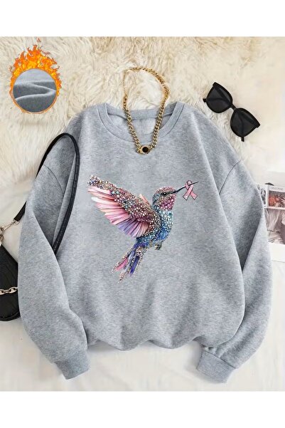 LELVANİ Peacock Printed Sweatshirt - Gray & Turquoise Bird Pattern Crewneck S...