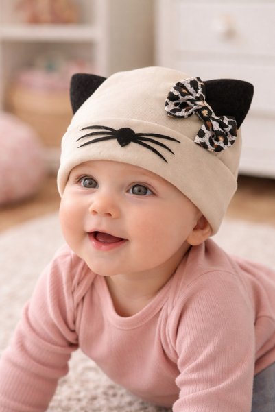 Atlas Baby House Baby Girl Cotton Hat with Cat Figure and Leopard Bow