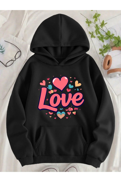 Flow touch LOVE مطبوع سويت شيرت رمادي للنساء/الرجال للجنسين قصة فضفاضة بغطاء ...