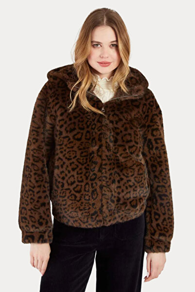 Ruby Wear Kadın Leopar Desenli Kapüşonlu Peluş Mont