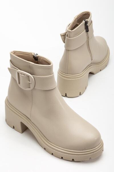 Dilimler Ayakkabı Women's Heeled Boots Beige Faux Leather Side Buckle Thick Sole