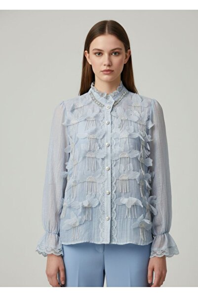 Rabiossa Women's Crystal Stone Embroidered and 3D Floral Detailed Guipure Chi...