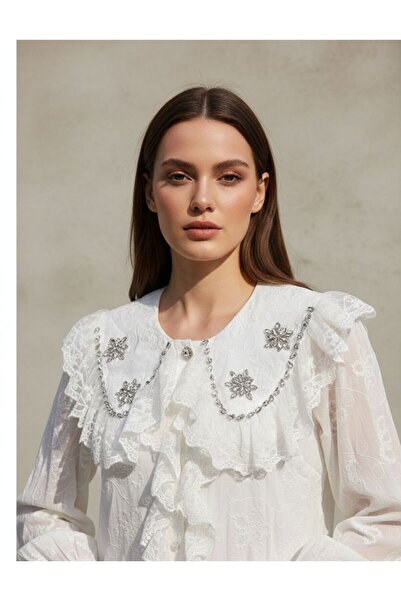 Rabiossa Women's Lace Detailed, Stone-Embellished Design Blouse