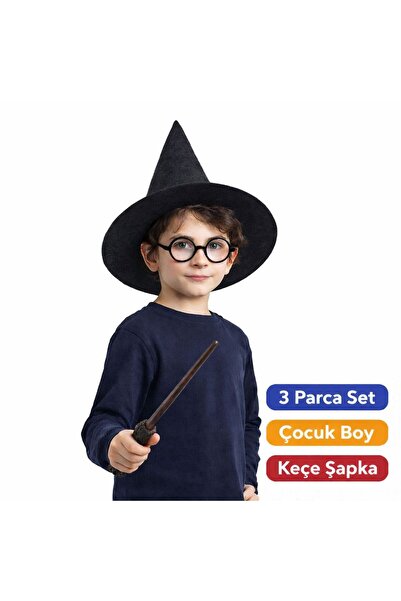 blueb Harry Potter Tarzı Çuk Seti (Siyah Keçe Şapka, Asa, Gözlük)