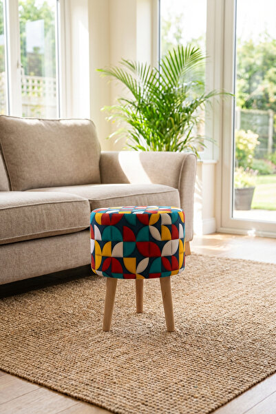 MEFAKS TEKSTİL Yuvarlak Dijital Baskılı Ahşap Ayaklı Puf, Tabure Salon & Otur...