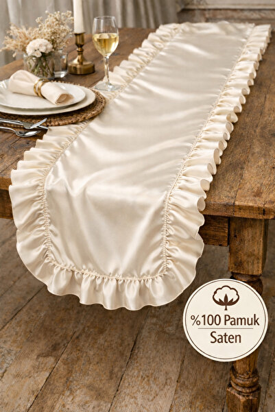 MUEV %100 Pamuk Saten Fırfırlı Runner Lüks Overlok Dikişli Çeyizlik Runner 40...