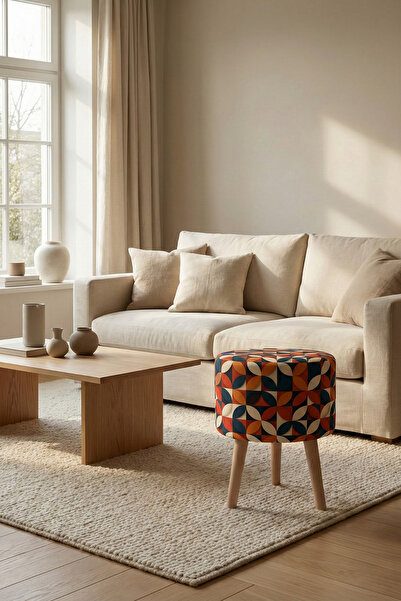 MEFAKS TEKSTİL Yuvarlak Dijital Baskılı Ahşap Ayaklı Puf, Tabure Salon & Otur...