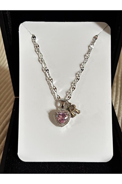 bijoux uniques Çelik pembe kalpli R harfli kadın kolye