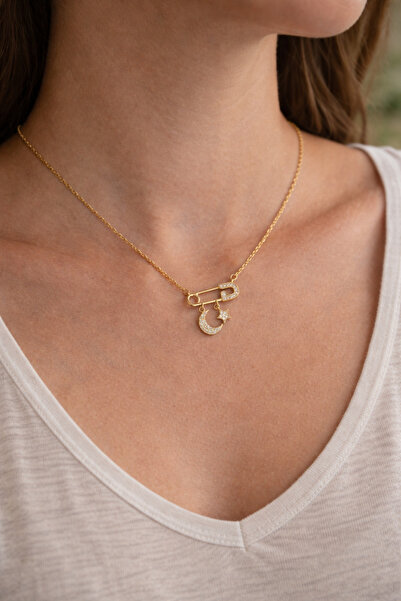 Owentis Çelik Gold Taşlı Ay Yıldız Zarif Nova Kolye -kararma yapmaz-