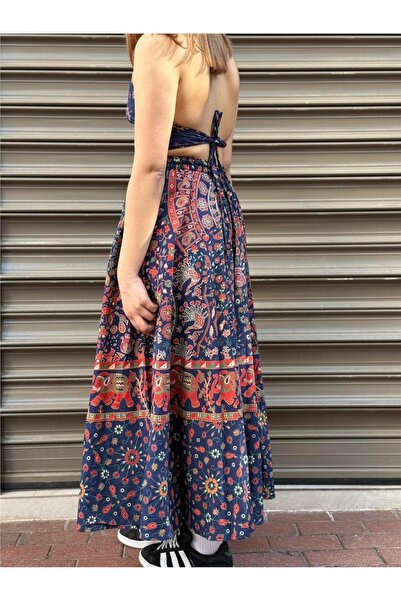 Miss Boheme Navy Blue Color Floral Patterned Long Skirt Crop Set