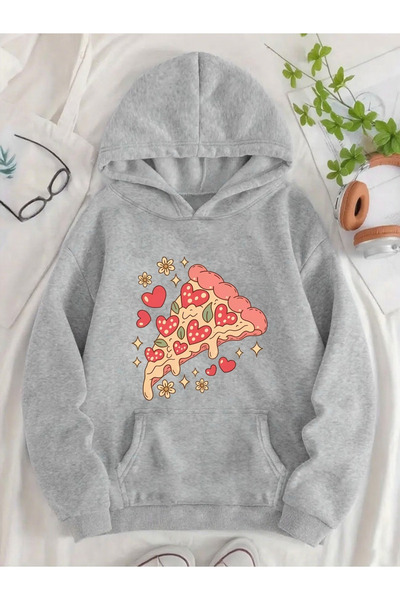 Flow touch Pizza Back B Printed White O Oversized Hooded Sweatshirt Hoodie