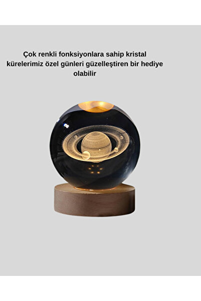 Lisinya Satürn Gezegenli Kristal Küre LED Lamba USB li Ahşap Standlı -