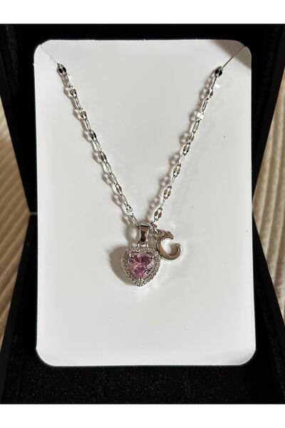 bijoux uniques Çelik pembe kalpli C harfli kadın kolye