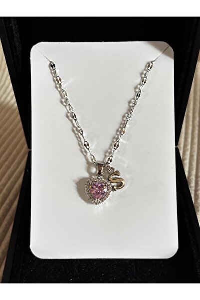bijoux uniques Çelik pembe kalpli S harfli kadın kolye