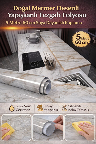 Hane Dostu Doğal Mermer Desenli Yapışkanlı Tezgah Folyosu 5 Metre 60 cm Suya ...