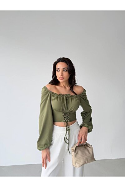 Evim Sepeti Haki Ruched Detail Corset Style Off-Shoulder Bustier Blouse