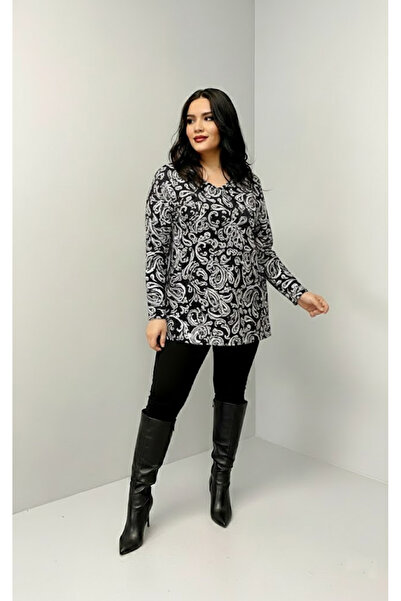 THEBEK Yumoş Velvety Suede Patterned Blouse Black and White Pattern