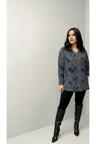THEBEK Yumoş Velvet Suede Patterned Blouse Blue Pattern