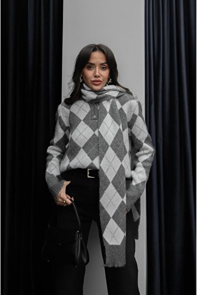 Havoş Gray Shawl with Diamond Pattern Polo Collar Sweater