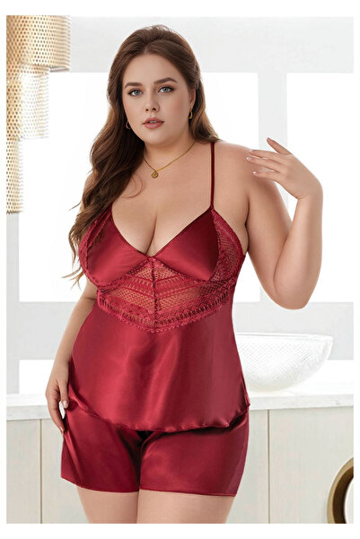 Lienna Жіночий піжамний комплект великого розміру з бордовими сатиновими шорт...