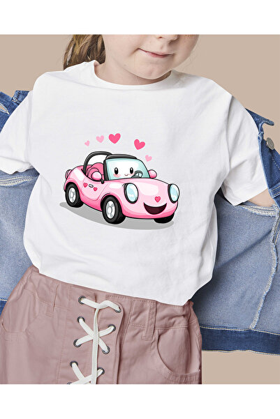 F17 Ajans Tricou roz pentru fete, cu imprimeu cu mașini, 100% bumbac, cu deco...