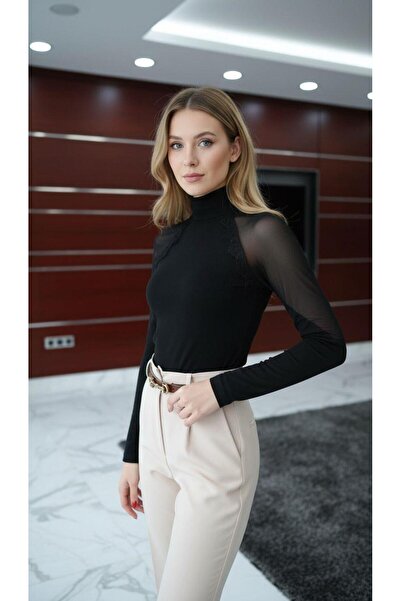 CKM MODA Neriva Tulle Detailed Half Fisherman Slim Fit Blouse Black