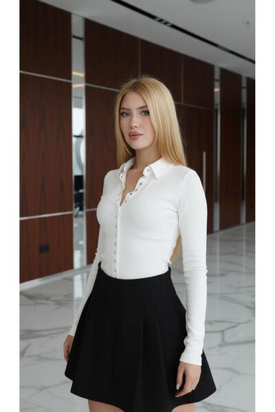 CKM MODA Liora Snap Detailed Corded Fabric Long Sleeve Blouse White