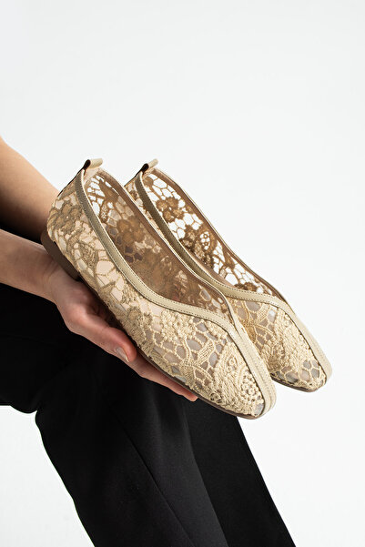 dabab shoes Floria Dantel Women's Beige Flat Ballet Lace Woven Floral Pattern...