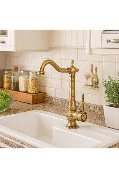 banyosepeti صنبور حوض مطبخ مطرز عتيق الطراز من لاليزار - أنبوب دوار، جسم نحاس...