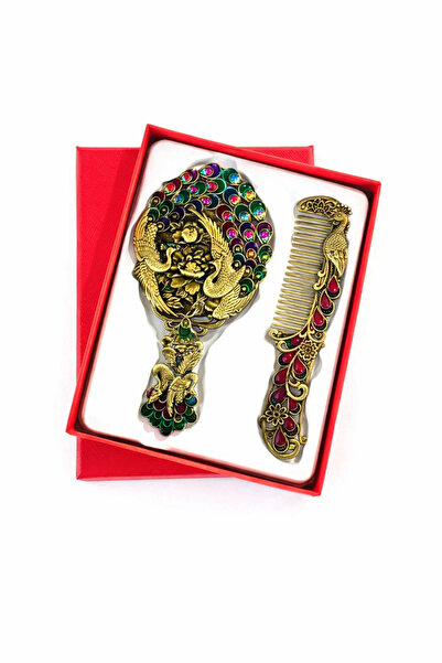 MD Moda Accessories Vintage Tavus Kuşu Figürlü El Aynası ve Tarak Seti – Renk...