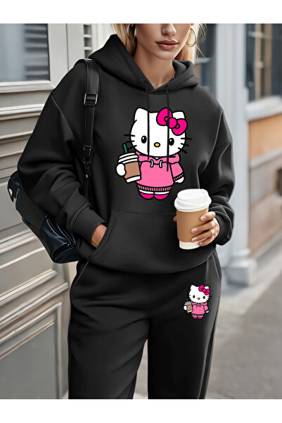 Flow touch Black Fleece-Lined Hooded Tracksuit Set with Elastic Cuffs