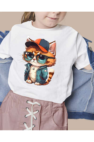 F17 Ajans Tricou pentru fete, 100% bumbac, cu imprimeu pisică cu pălărie și o...